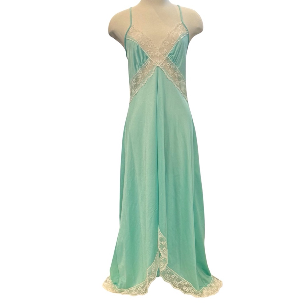 Vintage Undercover Wear 80s Silky Satin Pastel Green Lace Maxi Gown Slip Dress - Picture 2 of 10
